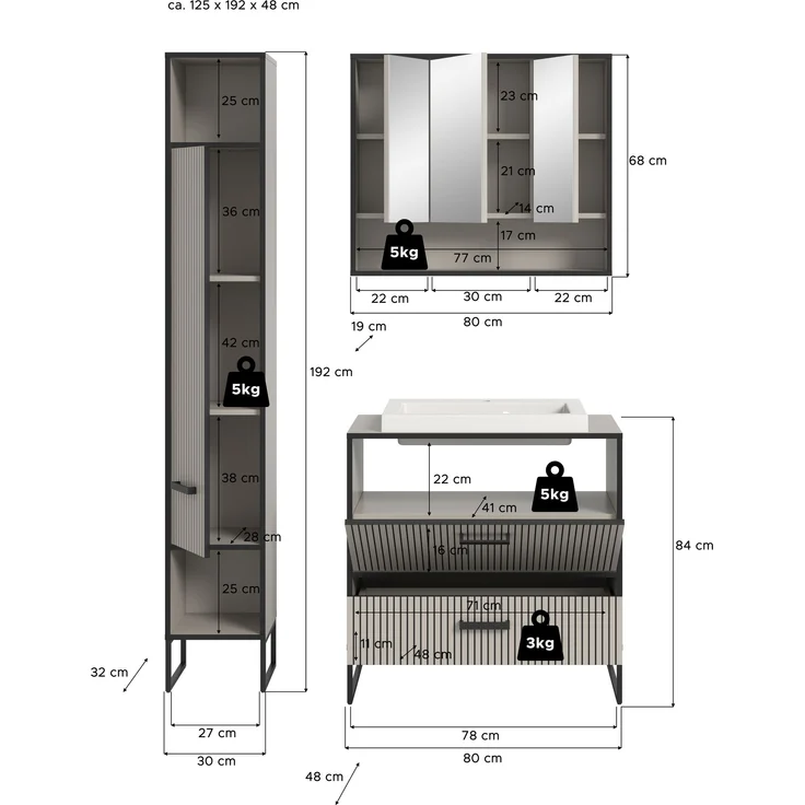 Badezimmer-Set >Bagno< (3-teilig) inkl. Waschbecken, in kaschmir Dekor - 125x192x48cm (BxHxT) – Bild 5