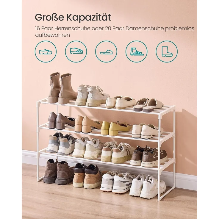 SONGMICS Schuhregal 3 Ebenen, Schuhständer Metall, Schuhaufbewahrung, Schuh-Organizer, aufrecht oder umgedreht, für 16-20 Paar Schuhe, stapelbar, Flur, 30 x 92 x 55 cm, perlweiß LSA303W03 – Bild 5