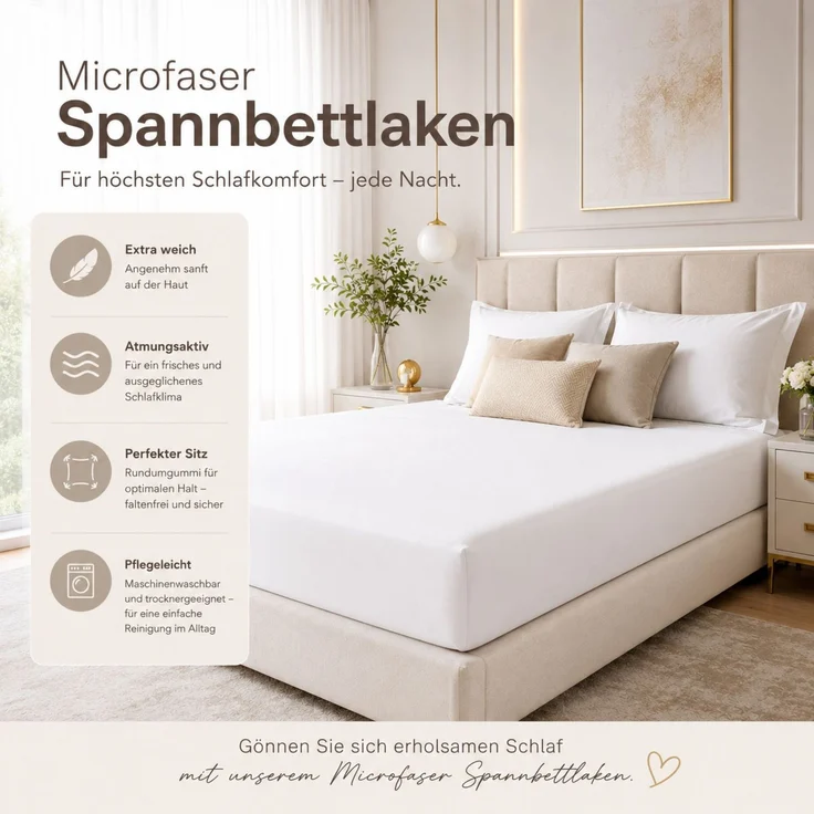 Microfaser Spannbettlaken - Spannbetttuch 180-200x200 cm – Atmungsaktiv, Knitterfrei & Pflegeleicht – OEKO-TEX Bettlaken mit Rundumgummi - Weiß – Bild 2