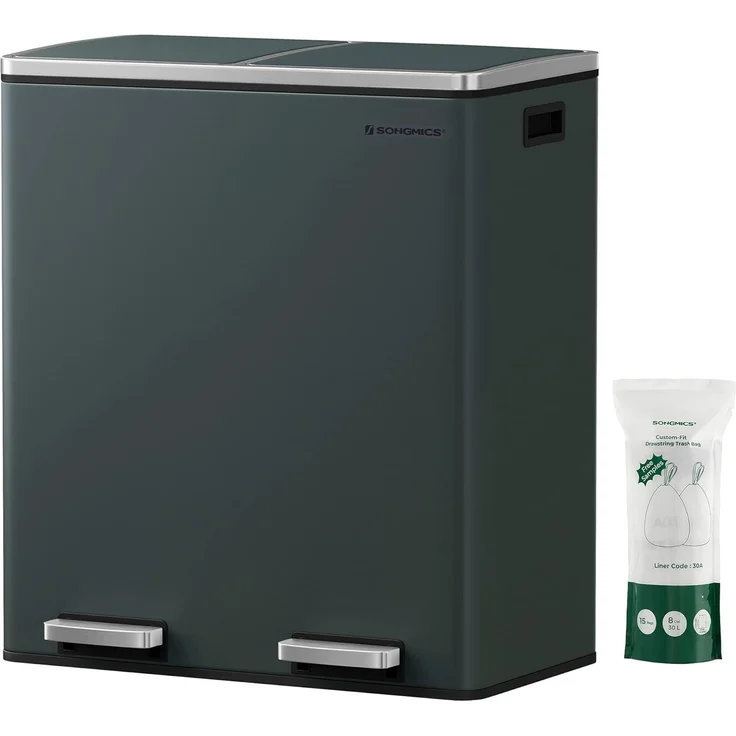 Songmics Mülleimer mit 2 Fächern und Softclose, luftdicht inkl. Müllbeutel, Metall, 60 (2x30) Liter, Rauchgrau – Bild 1