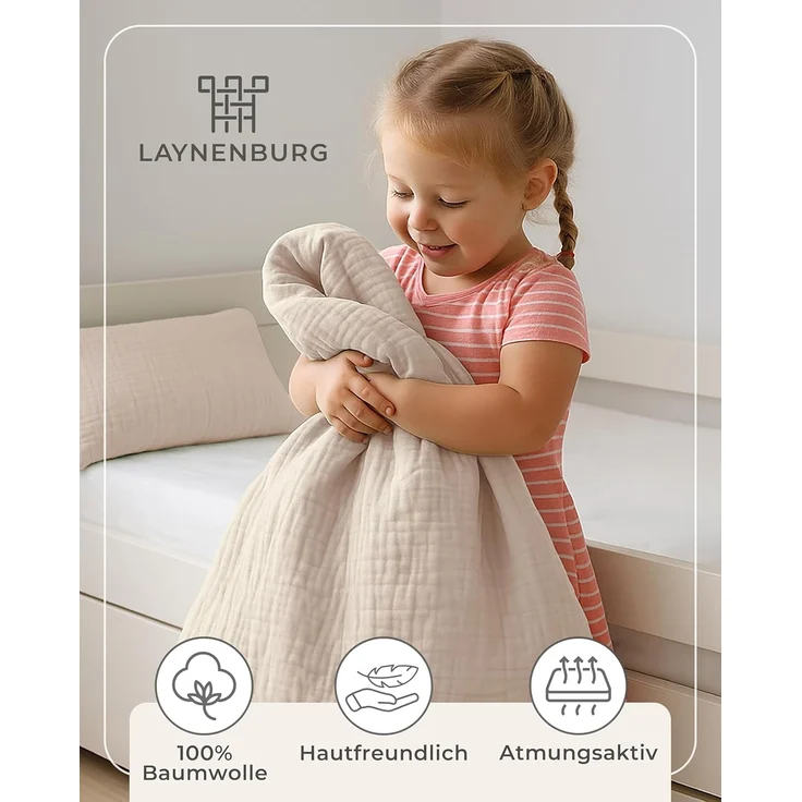 Laynenburg Kinderbettwäsche Musselin 2 teilig aus 100% Baumwolle in 100x135 cm + 40x60 cm, atmungsaktiv & bügelfrei – 3 lagig mit Reißverschluss & Haltebändern – Bild 4