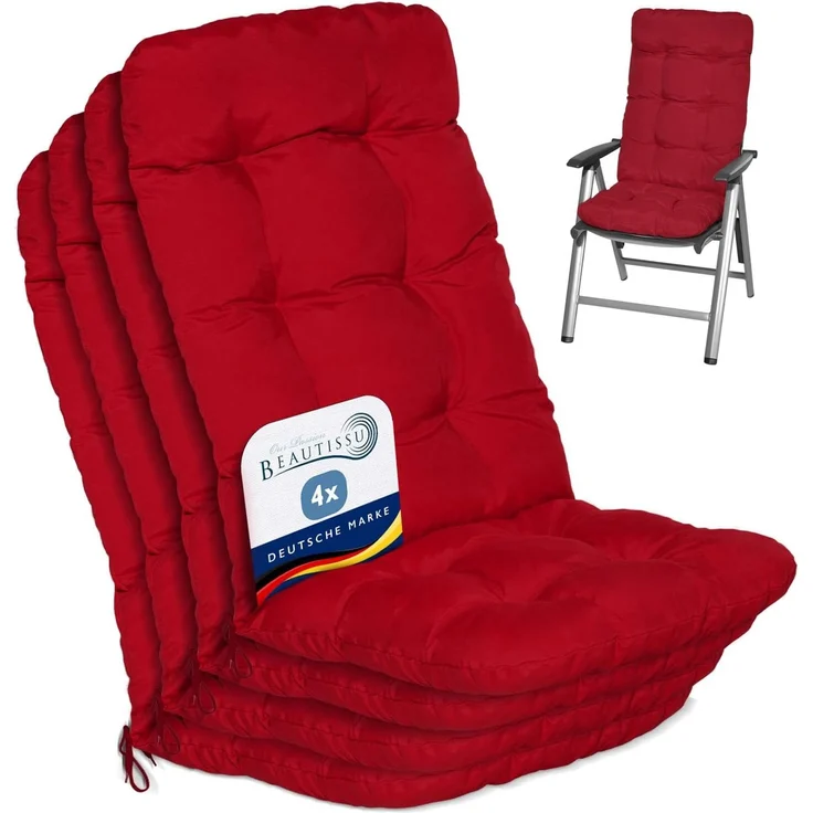 Beautissu 4er Set Hochlehner Auflage Flair HL 120 x 50 x 8 cm Rot