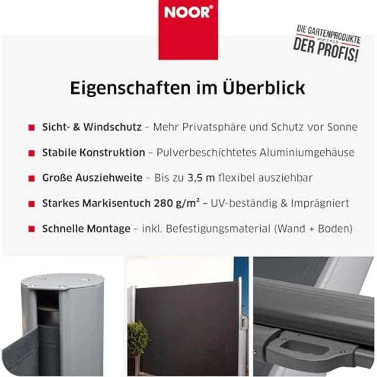 NOOR Seitenmarkise Exklusiv 200x350 cm Anthrazit I Der ideale Sichtschutz für Balkon, Terrasse & Garten I Sonnenschutz/Regenschutz/Windschutz inkl. Befestigungen I Imprägniert und wasserabweisend – Bild 6