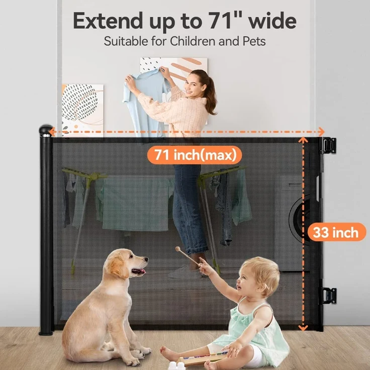 COMOMY Treppenschutzgitter Ausziehbar 0-180cm, Türschutzgitter Rollo für Baby, Katzen und Hunde, Einhändige Bedienung, Platz Sparen, Kinder Türgitter für Treppen/Türen/Außen, 84cm Hoch (Schwarz) – Bild 2