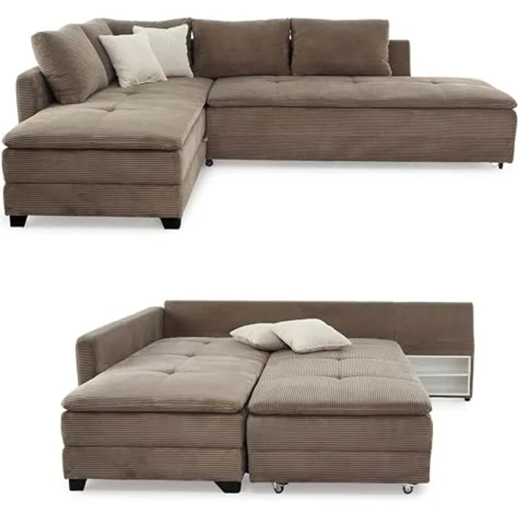 Ecksofa-Dauerschläfer Doppelbett Federkern Bettkasten Couch in Cord Braun Taupe