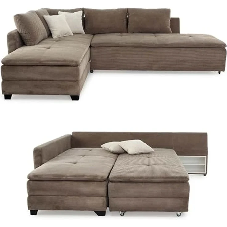 Ecksofa-Dauerschläfer Doppelbett Federkern Bettkasten Couch in Cord Braun Taupe – Bild 1