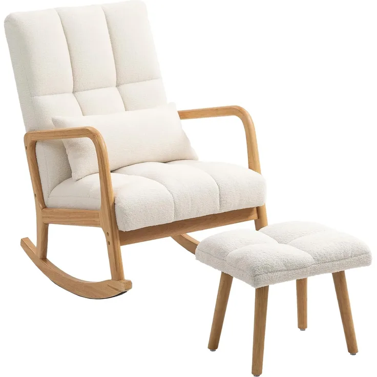 HOMCOM Schaukelsessel mit Fleece-Bezug, Armlehnen, hoher Rückenlehne, Holzkufen (Schaukelstuhl mit Hocker, 2-St, gepolstert Schwingsessel), für Wohnzimmer, Schlafzimmer Weiß