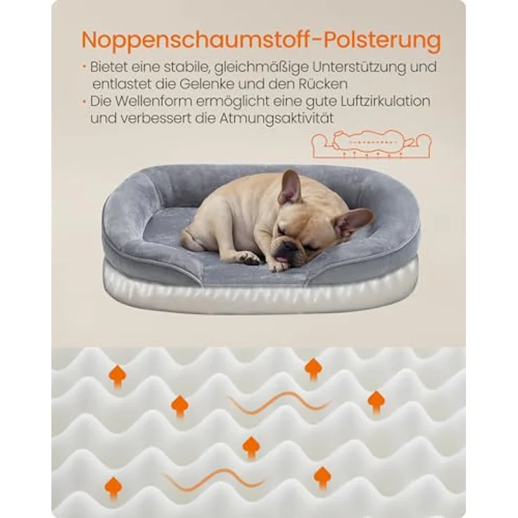 Feandrea Hundebett, Hundekissen, für mittelgroße Hunde, 76 x 51 x 18 cm, orthopädisch, wasserdichte Innenschicht, erhöhte Ränder, Abnehmbarer, waschbarer Bezug, rutschfest, hellgrau PGW281G01 – Bild 4