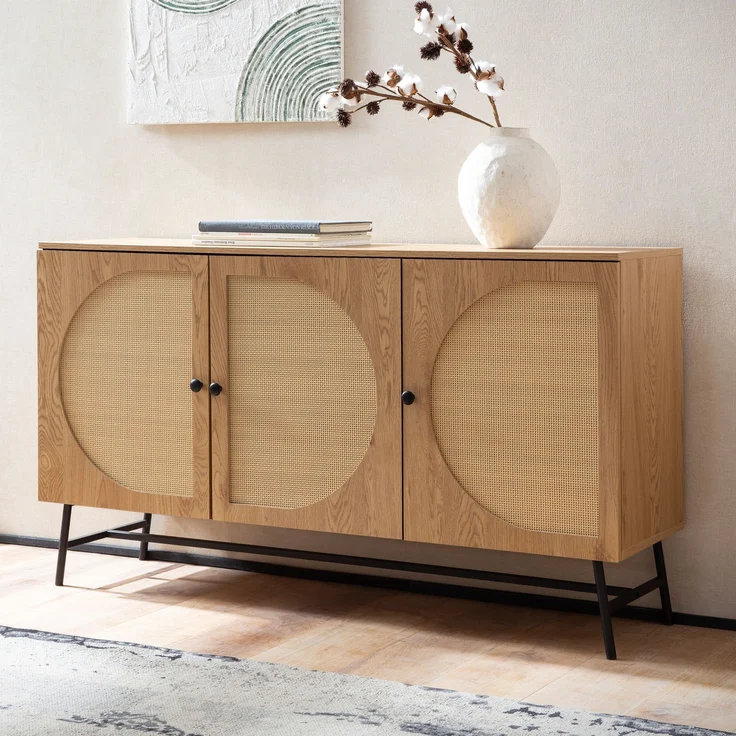 FINEBUY Sideboard FB104665 (140x80x39 cm Anrichte, Eiche-Dekor Rattangeflecht), Kommode Türen Standschrank, Hoher Kommodenschrank – Bild 1