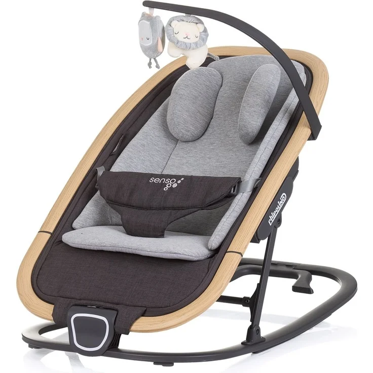 Chipolino Babywippe Senso Holzoptik Spielbogen Kopfstütze 3-Punkt-Gurt faltbar grau – Bild 1