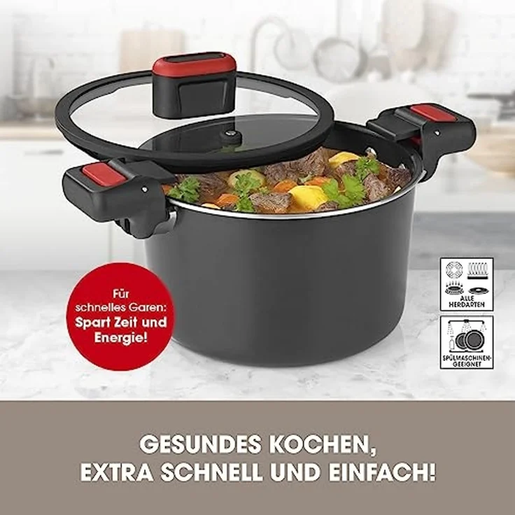 GOURMETmaxx Schnellkochtopf Energiespartopf Aluminium 5,8l schwarz/rot, (2-tlg) – Bild 2