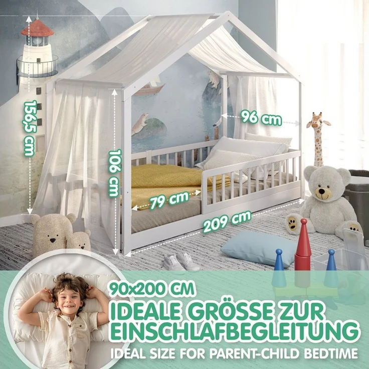 CADANI Kinderbett Malte Bodenbett Hausbett weiß (Rausfallschutz abnehmbar), Bodenbett Hausbett mit Roll-Lattenrost – Bild 4