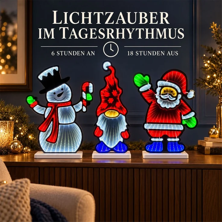 LED Infinity Spiegel 3er-Set Weihnachtsmann, Schneemann, Wichtel mit Timer – Bild 4
