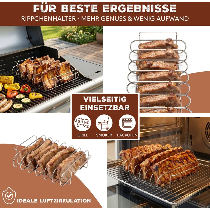 eluno Spareribs Halter, für bis zu 6 Spareribs für Smoker, Grill und Backofen, aus hochwertigem Edelstahl – Bild 3