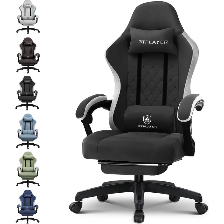 GTPLAYER Gaming Stuhl Ergonomischer Gaming Sessel Schreibtischstuhl mit Stoffoberfläche, Federsitzkissen, Verbindungsarmlehnen und Fußstütze schwarz – Bild 1