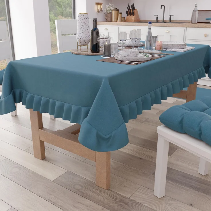 Petti Artigiani Italiani - Tischdecke mit Volant, Tischdecke, rechteckige Küchentischdecke mit Volant, einfarbige Tischdecke aus Baumwolle, X6-Sitzer (140x180 cm) Avion