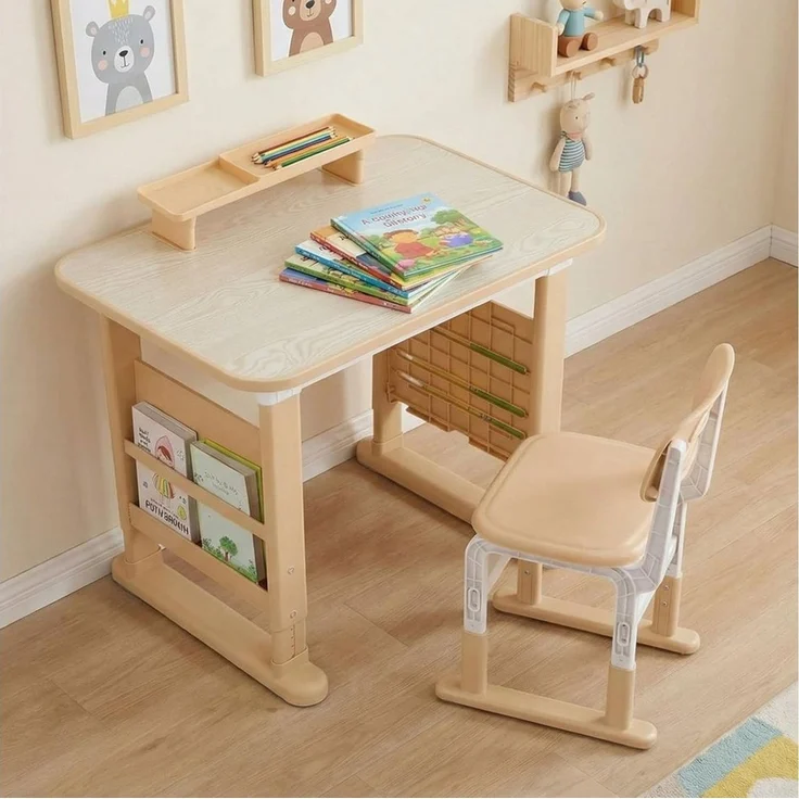 TLGREEN Kinderschreibtisch mit Stuhl Set Höhenverstellbarer (Kinderaußenhocker innen/außen nutzbar, Graffiti-Tisch 3-12 Jahre, mit Seiten-Bücherregal & Ablagekasten), Stabiler Kinderlernplatz für Kinderzimmer/Garten/Arbeitszimmer – Bild 5