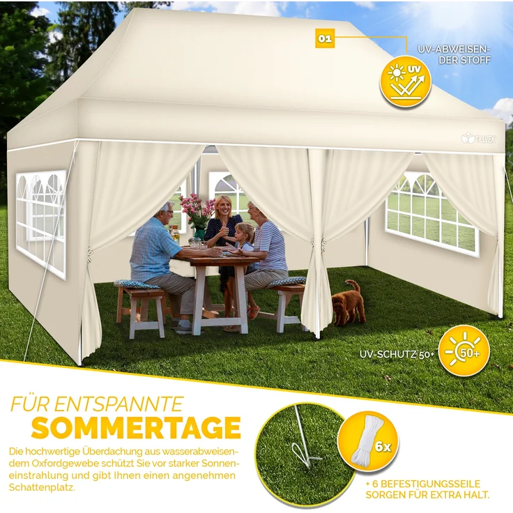 tillvex Pavillon 3x6m - mit 6 Seitenwänden Beige wasserdicht | Pop-Up Faltpavillon höhenverstellbar | Gartenzelt UV Schutz 50+ | Partyzelt mit Tasche für Garten – Bild 8