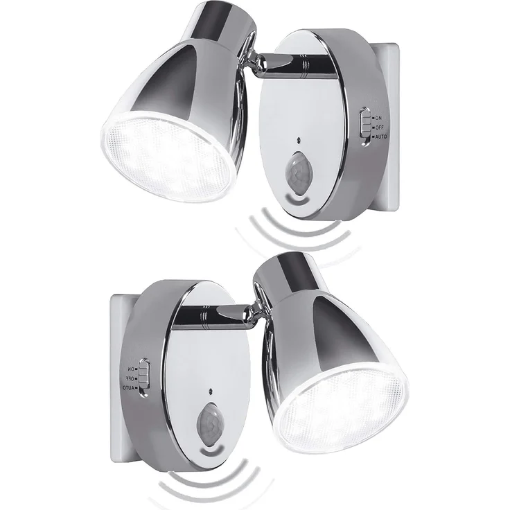 TRANGO LED Steckdosenleuchte, 2er Set 2635-028 LED Sensor Nachtlicht *MILO* mit Bewegungssensor & Automatikfunktion in Chrom Sicherheitslicht 230V Steckdosenlampe, Wandlampe, Orientierungslicht, Nachtlampe, Steckdosenlicht