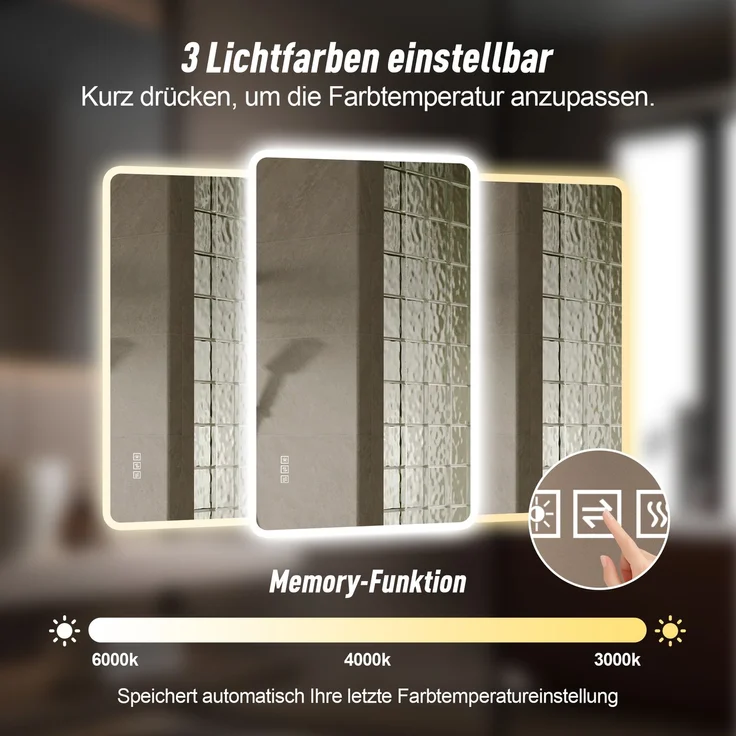 60×100cm LED Badezimmerspiegel mit Milchglasrand, Frontbeleuchtung, Anti-Beschlag, 3 Lichtfarben, Stufenlos Dimmbar, Memory-Funktion, Horizontal & Vertikal Montierbar, IP44 Wasserdicht--Silber--100x60x2.9cm--YOUDENOVA – Bild 5