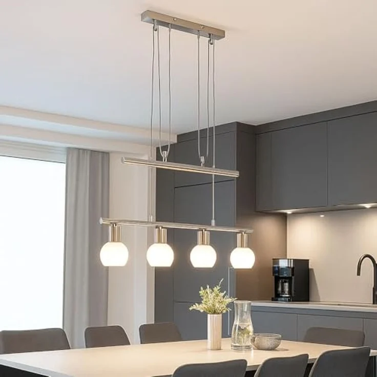 LED Hängelampe, nickel matt, Glas opal, höhenverstellbar, H 160 cm – Bild 2