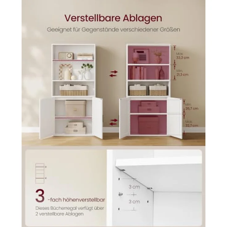 VASAGLE Bücherregal, 5-stöckiges Standregal mit Tür, 60 x 24 x 145.9 cm | Offenes Aufbewahrungsregal, für Wohnzimmer, Homeoffice, Esszimmer, Wolkenweiss, SIREN Kollektion LBC502WB01 – Bild 4