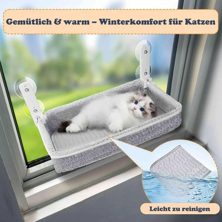 SURFOU Katzen-Hängematte Katzenfensterliege Katzen hängematte mit Saugnäpfen Fenster Katzenbett, 30*52*10cm, mit 4 stabilen Saugnäpfen. tragkraft bis 18 kg, abnehmbar – Bild 3
