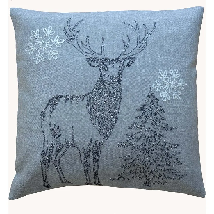 Kissenhülle mit Stickerei Elch auf grauem Grund Winter Weihnachten 40x40 cm Kissenhülle