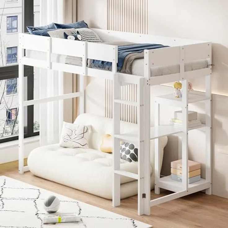 Ball & Cast Loft Bed (90x200 cm) mit Lagerregal, Holzerner Bettgestell mit Leiter und Geländer, Einfach und Zeitsparend Montierbar, Stabil & Rauschlos, Weiß