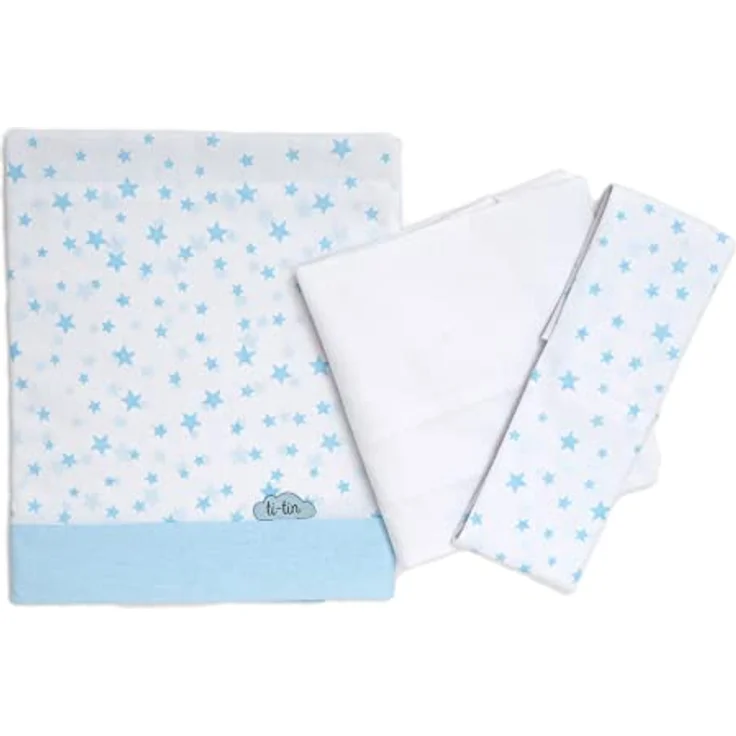 Ti TIN 3-teiliges Bett-Set Bettbezug für Babybett, 50x80 cm | Bettdeckenbezug+ Spannbettlaken mit Gummizug + Kissenbezug 100% Baumwoll-Popeline für Kinderbett, Sternchen-Motiv, blau – Bild 3