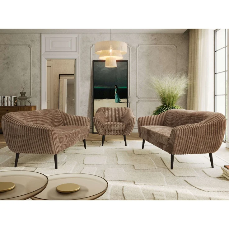 Wohnzimmerset, Möbelset PIRS 3-3-1, Armlehnen, Wellenfederung, schwarze Füße, Dreisitzer Sofas mit Sessel, Polstermöbel Set - Braun Cord – Bild 3