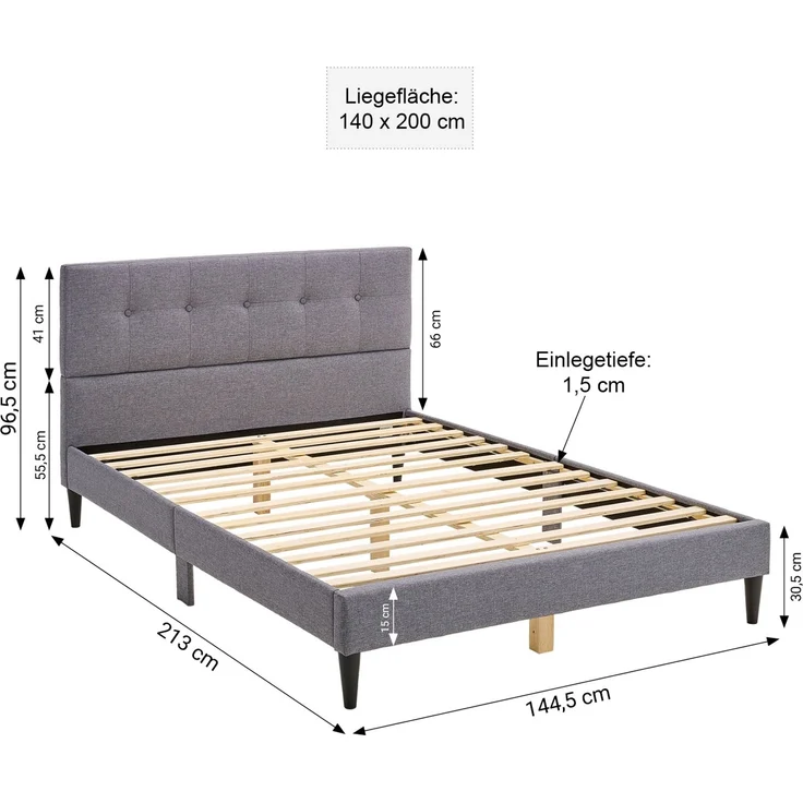 Homestyle4u Polsterbett mit Matratze und Lattenrost, Grau, 140x200 cm – Bild 3