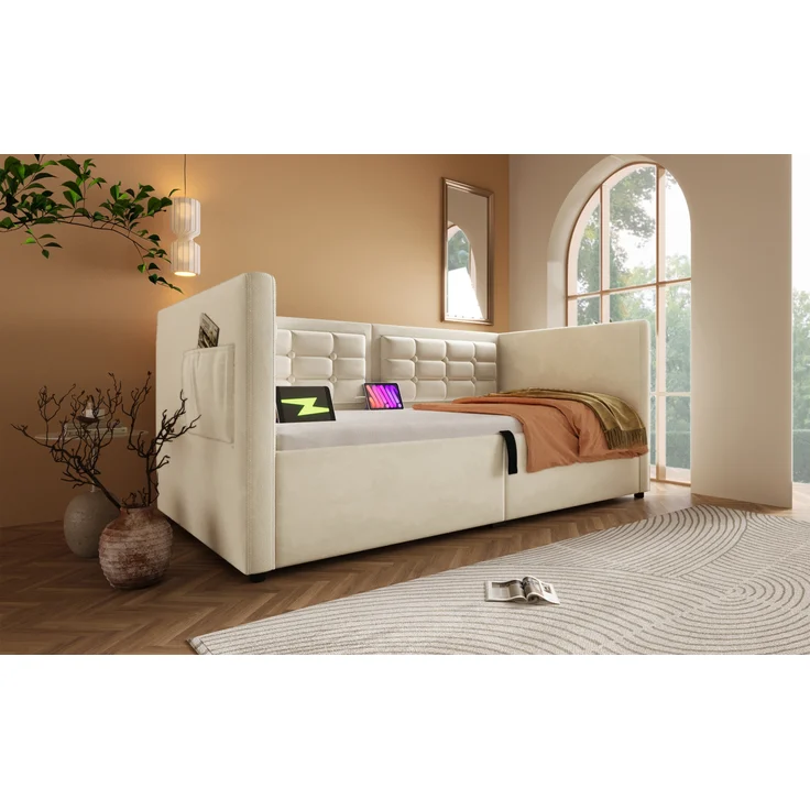 Polstertes Schlafsofa, Samt mit USB-Ladestation, 90x200 cm, Beige, ohne Matratze – Bild 4