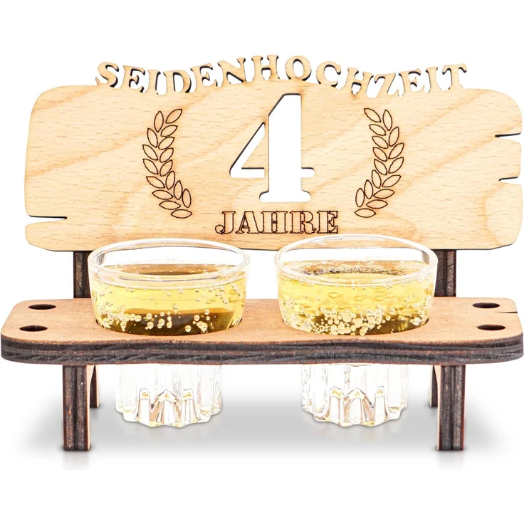 DARO Design - Schnapsbank 4. Hochzeitstag Seidenhochzeit Geschenk Deko für Paare Männer Frauen aus Holz mit Gläsern