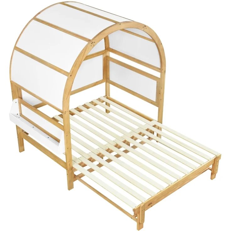 Gewölbedachbett erweiterbar mit Ausziehbett Funktion, Holzhaus Design aus Kiefer MDF, weiß-natur – Bild 8