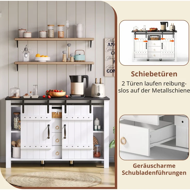 Merax 120 cm Buffetschrank mit Stauraum, Seitenschrank mit Schiebetüren und 3 Schubladen, rustikaler Holz-Kaffeebar-Buffettisch, weiß – Bild 2