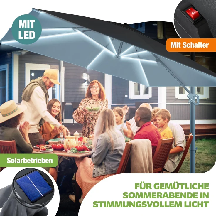 KESSER® Sonnenschirm Ampelschirm SUN XL 300 x 300 cm Inkl. Abdeckung +Windsicherung Drehbar Neigbar Kippbar Marktschirm Groß 360° Rotation, Gartenschirm mit Kurbel Sonnenschutz UV50+ Anthrazit, Mit LED – Bild 8
