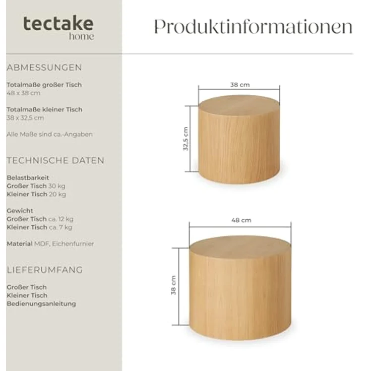 tectake Couchtische Danny, 2er Set aus Eichenfurnier, rund, Ø 48 & 38 cm, stabil und pflegeleicht, komplett montiert – Bild 3