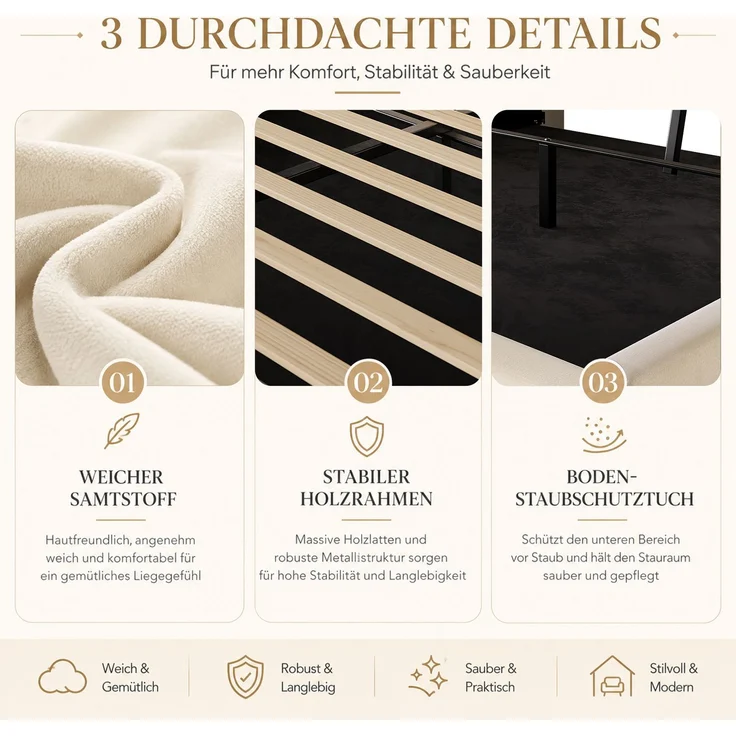 TavilaEcon Boxspringbett Samtbett, Polsterbett mit LED-Beleuchtung & USB-Ladefunktion beige Liegefläche 160 × 200 cm – Bild 7