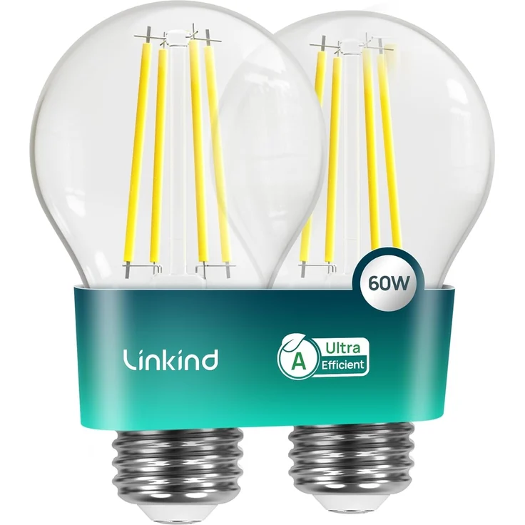 Linkind Ultraeffiziente E27 Lampe Vintage, 3,8W=60W, 2700K Warmweiß mit Energie Klasse-A, Filament A60 Edison 806 Lm, 320°Abstrahlwinkel, Klar, 2 Stück