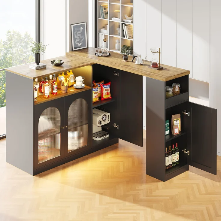 Um 360° drehbarer Bartisch (Hauptkörper: 198 x 39,6 x 97 cm), mattschwarzer Schrank mit Schreibtisch in Holzmaserung, mit Glasschranktür und LED-Licht, Sideboard, Weinschrank, Kaffeeecke--Schwarz--197x39.6x100cm--YOUDENOVA – Bild 5