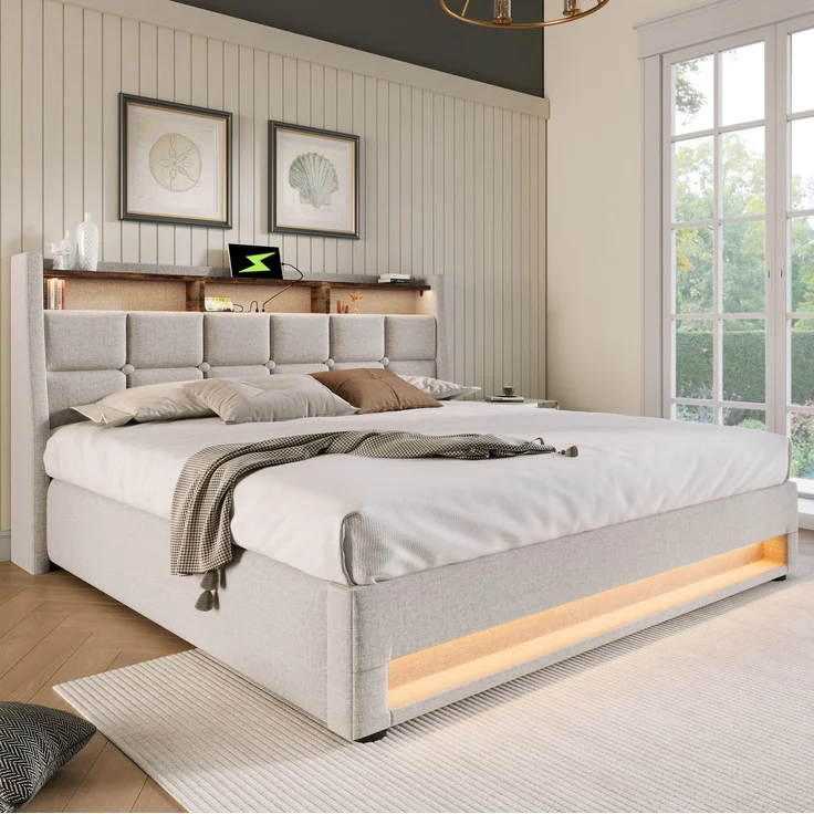 Polsterbett 180x200 cm mit USB, LED und Stauraum – Bettgestell aus Leinenstoff in Hellbeige – Bild 4