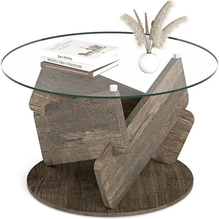 COSTWAY Couchtisch, runder Glastisch, Bestelltisch Massivholz ∅81cm x 49cm – Bild 5