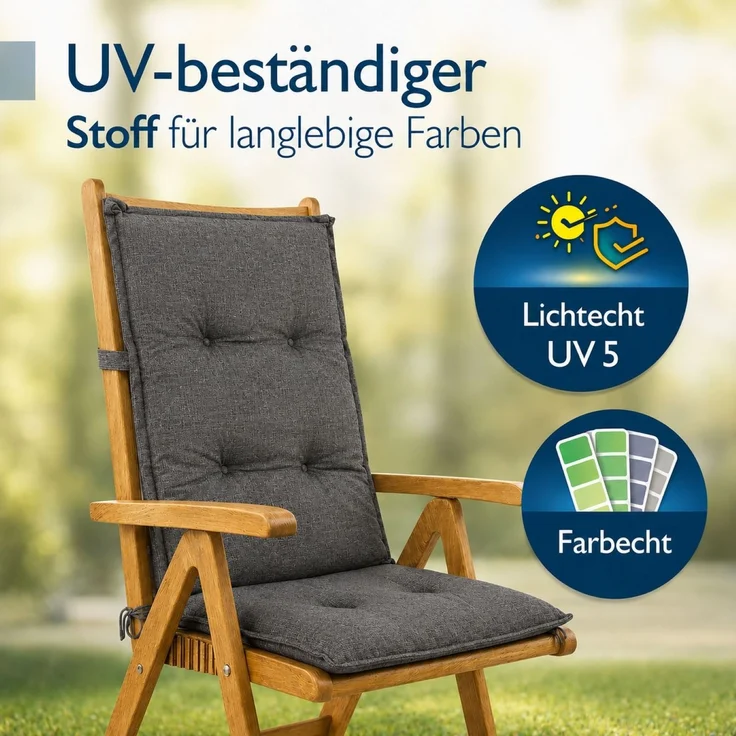 BURI 2x Hochlehner Auflage 120x50x5,5 cm - wetterfeste Gartenstuhlauflage mit Schaumkern & Vollvlies, Halteband & Bindebänder, bequemes Stuhlpolster für Balkon, Terrasse & Garten (Anthrazit/Grau) – Bild 4