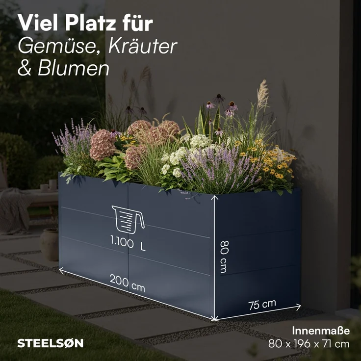 STEELSØN 'Icarus' Hochbeet, Metall, anthrazit, wetterfest, 200x75x80 cm, Pflanzenbeet mit offener Bodenstruktur – Bild 9