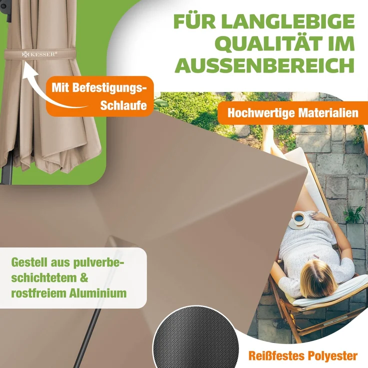 KESSER® Sonnenschirm Ampelschirm SUN XL 300 x 300 cm Inkl. Abdeckung +Windsicherung Drehbar Neigbar Kippbar Marktschirm Groß 360° Rotation, Gartenschirm mit Kurbel Sonnenschutz UV50+ Taupe, Ohne LED – Bild 3