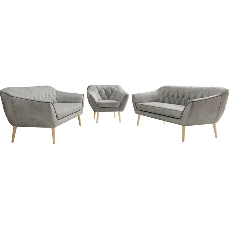 Wohnzimmerset, Möbelset PIRS 3-3-1, Armlehnen, Wellenfederung, Buche Füße, Dreisitzer Sofas mit Sessel, Polstermöbel Set - Hellgrau Velvet – Bild 6