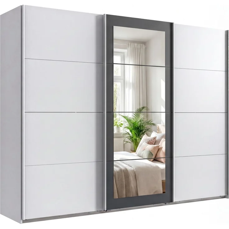 Schwebetürenschrank 3-trg Kleiderschrank 270 cm in Weiß Spiegel umrahmt in Grafit – Bild 1