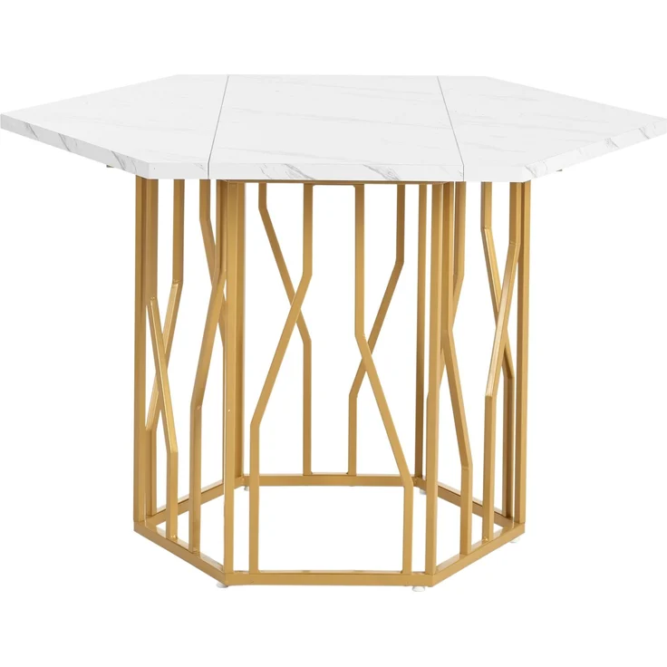 5-teilig Esstisch sechseckig 115.5×100 cm mit Marmormuster Tischplatte & goldenem Metallgestell mit 4 grauer Esszimmer stühle – Bild 8
