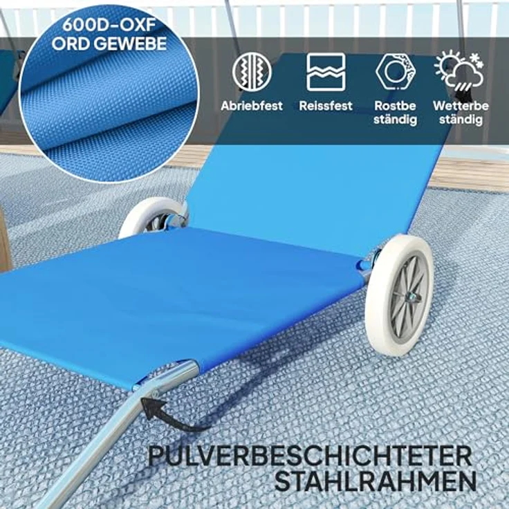 Outsunny 2er Set Sonnenliege, klappbare Gartenliege mit verstellbarem Kopfkissen und Sonnendach, blau, für Garten und Pool – Bild 8